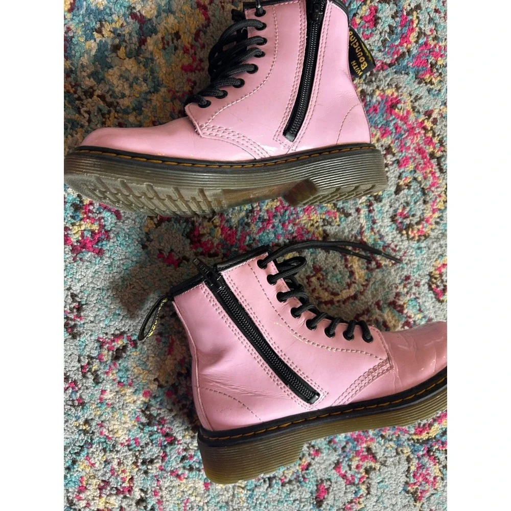 Dr. Martens 1460 J Boots Pink Patent Leather Lace Up Side Zip Kids Size 1 US - Picture 6 of 9